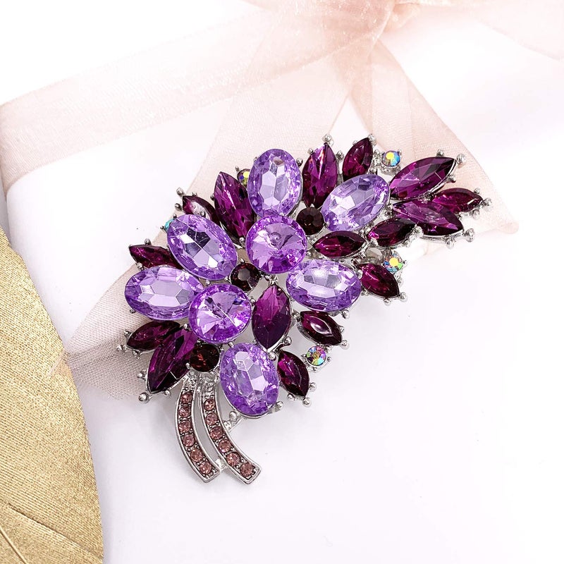 LAXPICOL Vintage Purple Austrian Crystal Flower Leaf Bouquet Clusters Large Big Brooch Pin For Women Jewelry - Image 2